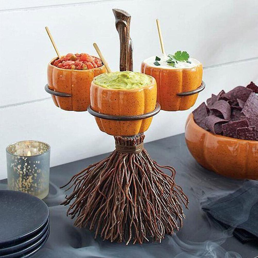 Halloween Pumpkin Snack Bowl Rack – Broom Style Party Table Decoration