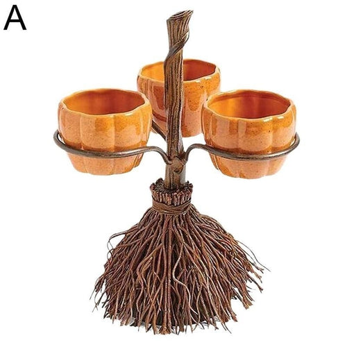 Halloween Pumpkin Snack Bowl Rack – Broom Style Party Table Decoration