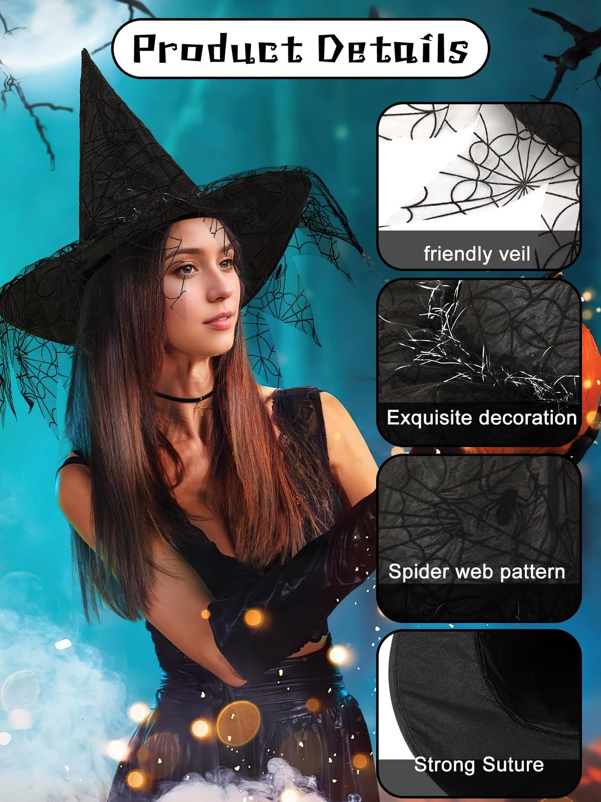 2 Pieces Halloween Witch Hat Costume Set – Elegant Witches Hats for Women (Black)