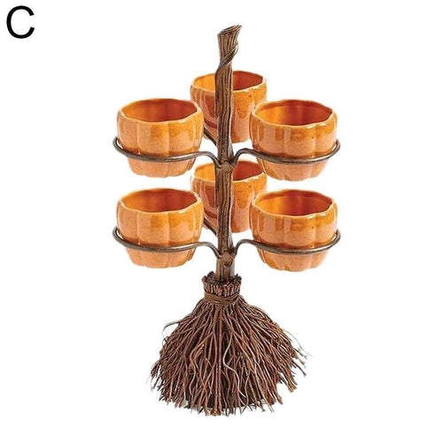Halloween Pumpkin Snack Bowl Rack – Broom Style Party Table Decoration