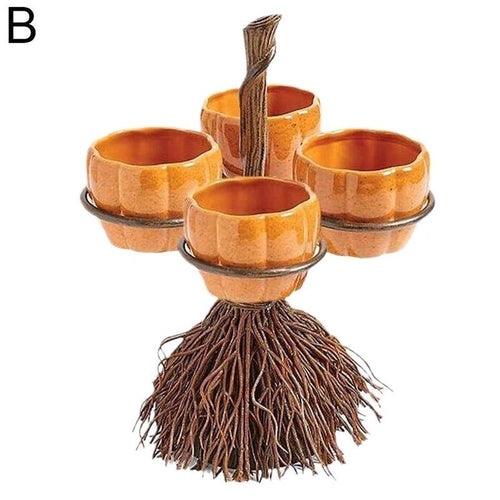 Halloween Pumpkin Snack Bowl Rack – Broom Style Party Table Decoration