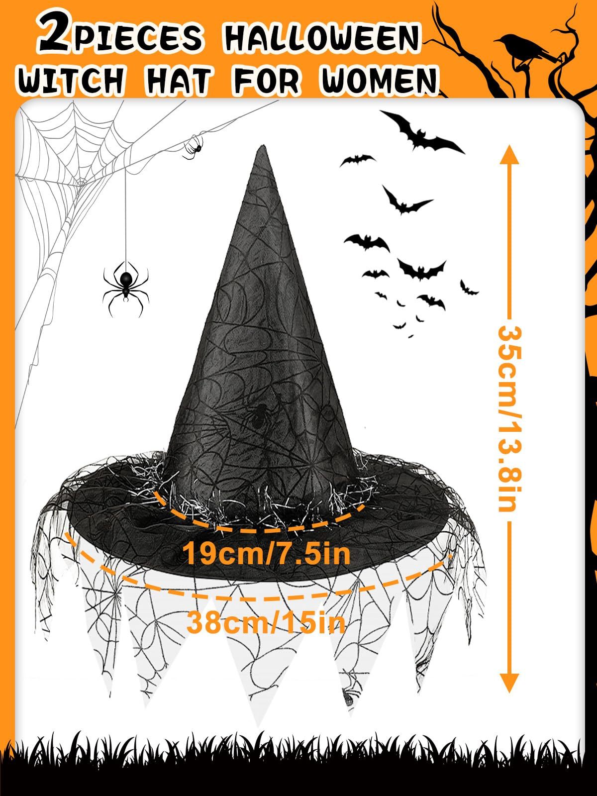 2 Pieces Halloween Witch Hat Costume Set – Elegant Witches Hats for Women (Black)
