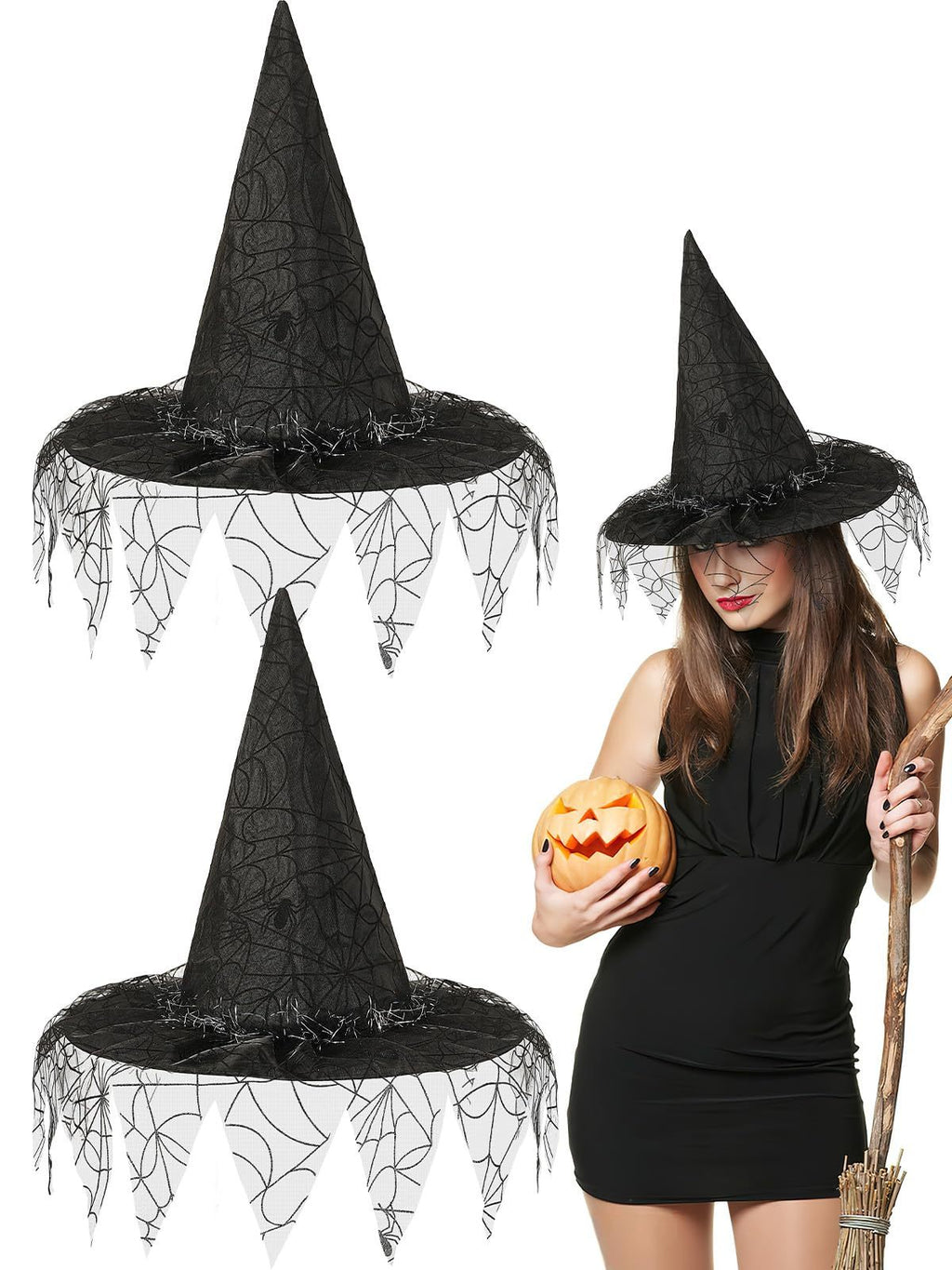 2 Pieces Halloween Witch Hat Costume Set – Elegant Witches Hats for Women (Black)