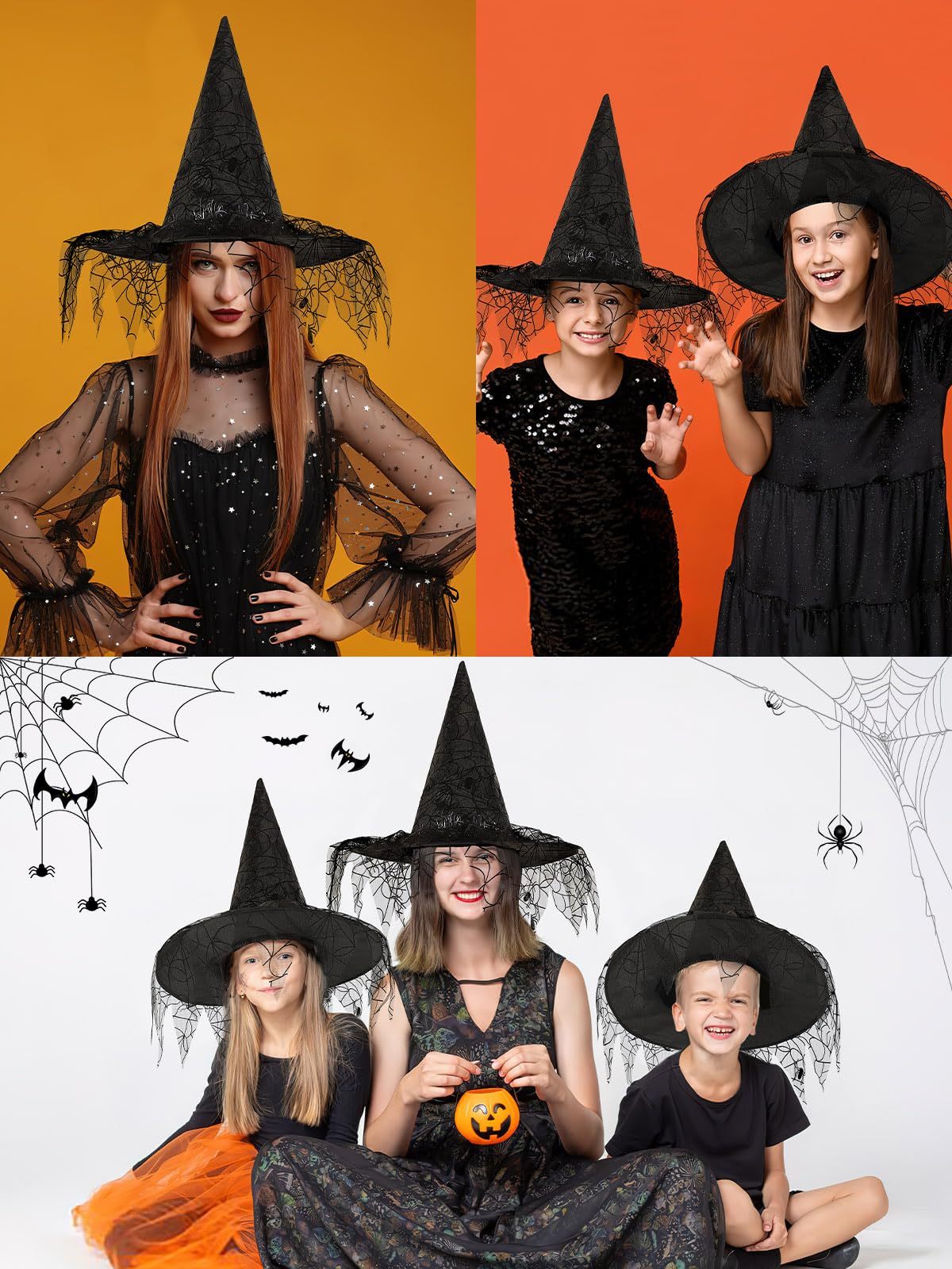 2 Pieces Halloween Witch Hat Costume Set – Elegant Witches Hats for Women (Black)