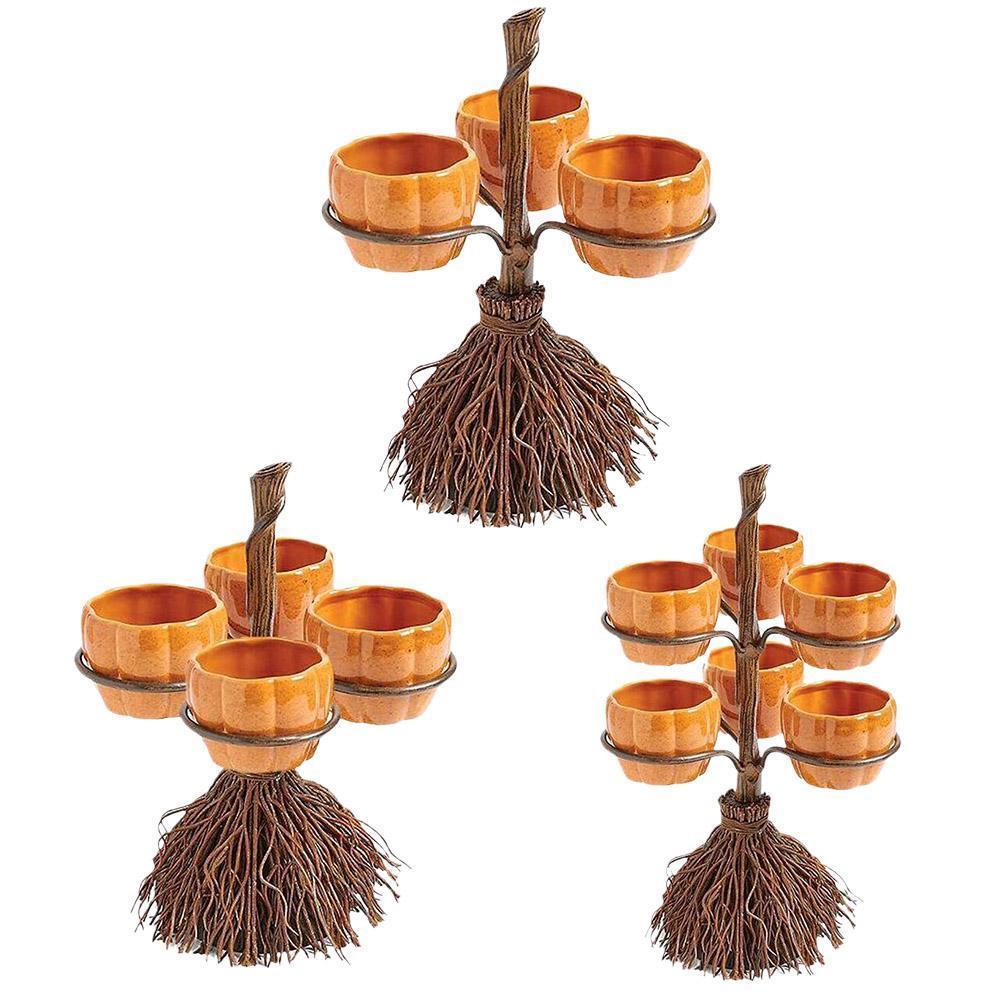 Halloween Pumpkin Snack Bowl Rack – Broom Style Party Table Decoration