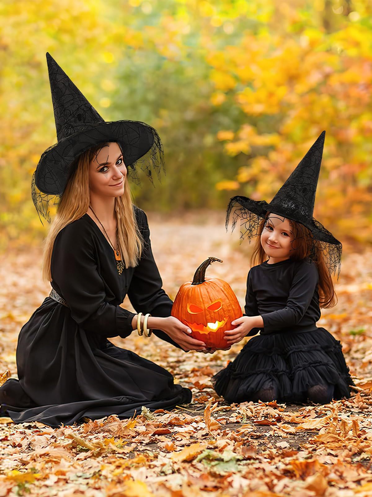 2 Pieces Halloween Witch Hat Costume Set – Elegant Witches Hats for Women (Black)