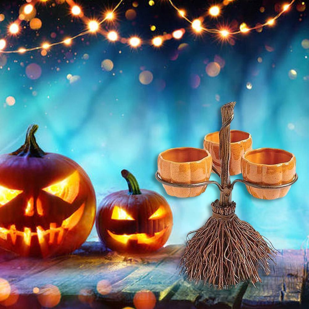 Halloween Pumpkin Snack Bowl Rack – Broom Style Party Table Decoration