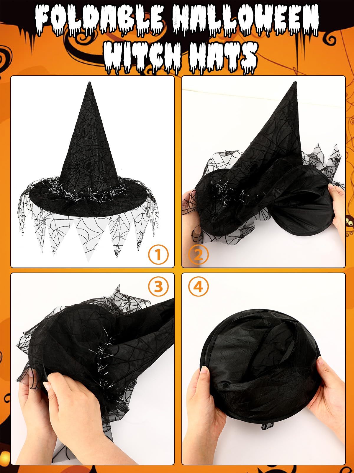 2 Pieces Halloween Witch Hat Costume Set – Elegant Witches Hats for Women (Black)